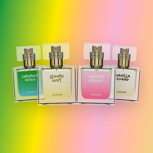Beach Therapy: Coconut Rush, Lemon Lust, Waikiki Beach, and Vanilla Sugar bottles