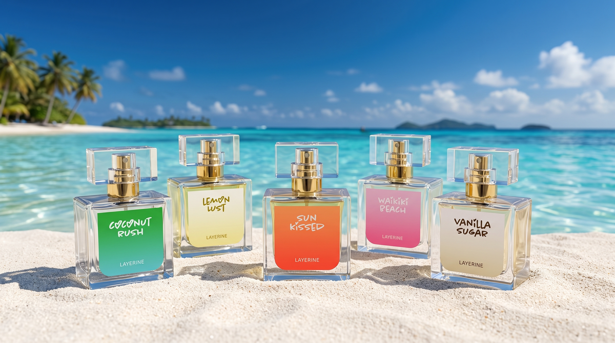 The five LAYERINE extraits de parfum on a white-sand beach